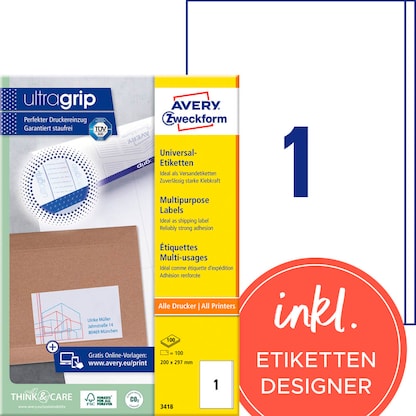 Artikelbild für 100 AVERY Zweckform Etiketten 3418 weiß 200,0 x 297,0 mm, Artikelnummer 636597