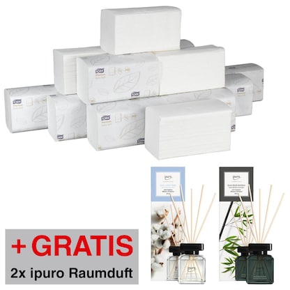 Artikelbild 10 für AKTION: TORK Papierhandtücher H3 Premium Extra Soft Zick-Zack-Falzung 2-lagig 2x 3.000 Tücher + GRATIS 1 ipuro Raumduft black bamboo herb 100 ml, 1 ipuro Raumduft cotton fields blumig 100 ml, Artikelnummer 105526