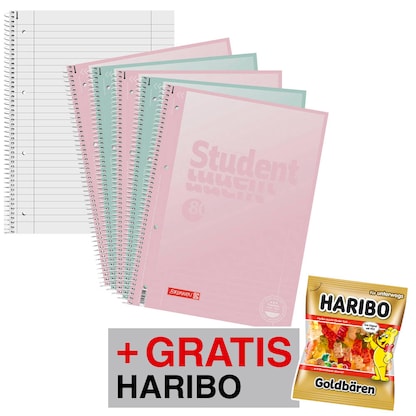 Artikelbild 9 für AKTION: BRUNNEN Collegeblöcke Student Pastell Lineatur 27 liniert DIN A4 Innen- und Außenrand, 5 Blöcke + GRATIS HARIBO Goldbären 100 g, Artikelnummer 714002