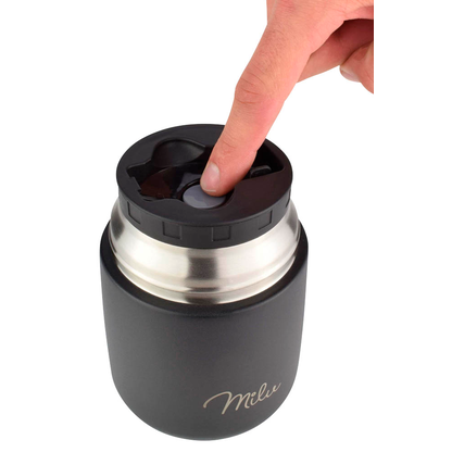 Artikelbild 2 für Milu Isolier-Speisebehälter schwarz 1 Thermobehälter mit Tasche, klappbarer Löffel, 5 farbige Trageschlaufen aus Gummi, Artikelnummer 859791