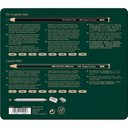Artikelbild 2 für FABER-CASTELL Pitt Graphite Matt Bleistift-Set B, HB, 2B, 3B, 4B, 5B, 6B, 7B, 8B, 10B, 12B, 14B schwarz/grün mit Radierer, 1 St., Artikelnummer 749032