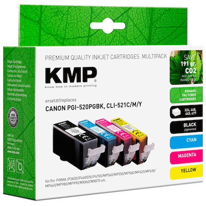 Artikelbild 2 für KMP schwarz, cyan, magenta, gelb Druckerpatronen kompatibel zu Canon PGI-520 BK, CLI-521 C/M/Y, 4er-Set, Artikelnummer 540983