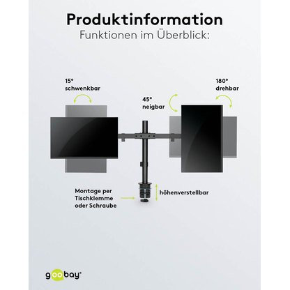Artikelbild 6 für goobay Monitor-Halterung Fix 59394 schwarz für 2 Monitore, Tischklemme, Tischbohrung, Artikelnummer 984272