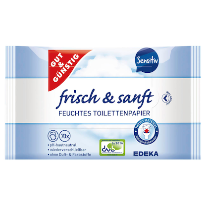 Artikelbild 1 für GUT&GÜNSTIG Feuchtes Toilettenpapier frisch & sanft Sensitiv 1-lagig, 2x 70 Tücher, Artikelnummer 989588