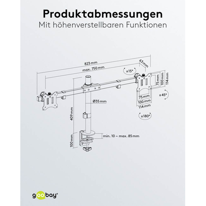 Artikelbild 11 für goobay Monitor-Halterung Fix 59394 schwarz für 2 Monitore, Tischklemme, Tischbohrung, Artikelnummer 984272