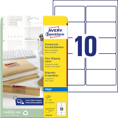 Artikelbild für 250 AVERY Zweckform Folien-Versandetiketten J4722-25 transparent 96,0 x 50,8 mm, Artikelnummer 345322