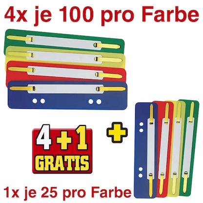 Artikelbild 19 für 4 + 1 GRATIS: 100 office discount Heftstreifen farbsortiert Kunststoff + GRATIS 1x 100 St., Artikelnummer 715052
