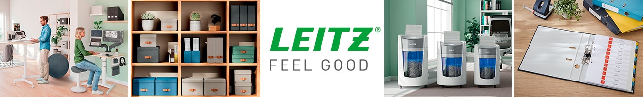 LEITZ Markenshop - Person mit lockigem Haar und grünem Pullover in modernem Büro mit Pflanzen und Computern, Text 'FEEL GOOD', Leitz Logo