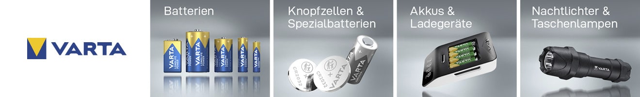 VARTA Markenshop - Varta logo and product categories: batteries, button and specialty batteries, rechargeable batteries and chargers, flashlights and pocket lamps