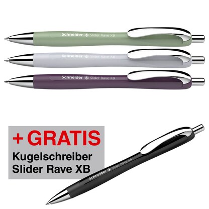 Artikelbild 8 für 3 + 1 GRATIS: Schneider Kugelschreiber Slider Rave XB farbsortiert, Schreibfarbe: blau, 3 St. + GRATIS 1 St., Artikelnummer 514143