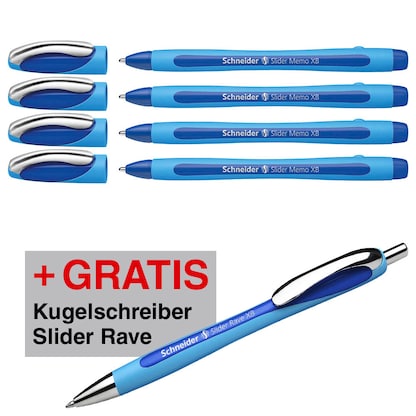 Artikelbild 2 für AKTION: Schneider Kugelschreiber Slider Memo hellblau/dunkelblau, Schreibfarbe: blau, 4 St. + GRATIS Schneider Kugelschreiber Slider Rave XB blau, Artikelnummer 420093