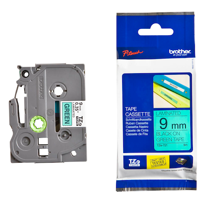 Artikelbild für brother Schriftband TZe-721 TZE721, 9 mm schwarz auf grün, Artikelnummer 653501