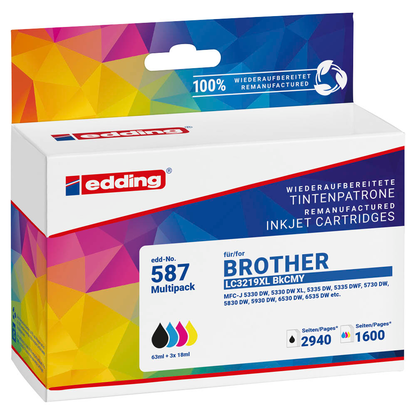 Artikelbild 2 für edding EDD-587 schwarz, cyan, magenta, gelb Druckerpatronen kompatibel zu brother LC-3219XLBK/C/M/Y, 4er-Set, Artikelnummer 346087
