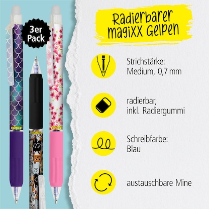Artikelbild 4 für ONLINE® magiXX Design Girls Gelschreiber lila, rosa, schwarz 0,7 mm, Schreibfarbe: blau, 3 St., Artikelnummer 617397