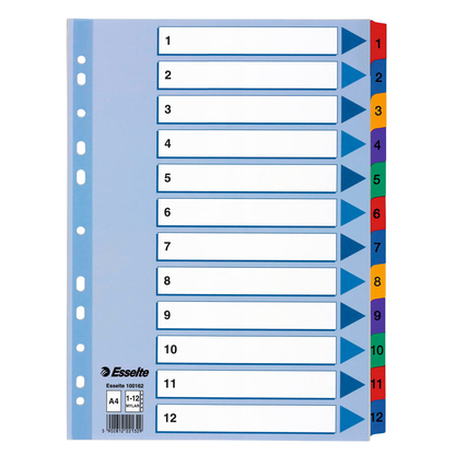 Artikelbild für Esselte Ordnerregister DIN A4 Vollformat 1-12 farbig 12-teilig, 1 Satz, Artikelnummer 352831