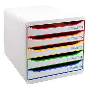Exacompta Schubladenbox BIG-BOX PLUS weiß mit bunten Farblinien 309913D, DIN A4 mit 5 Schubladen