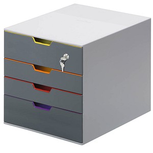 DURABLE Schubladenbox VARICOLOR® SAFE dunkelgrau mit bunten Farblinien 760627, DIN C4 mit 4 Schubladen