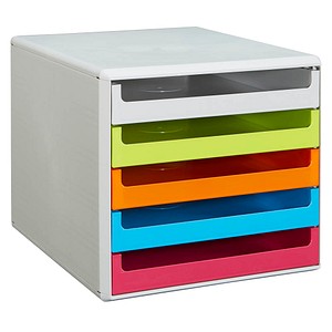 M&M Schubladenbox grau, grün, orange, blau, rot 30050967, DIN A4 mit 5 Schubladen