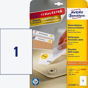 AKTION: 25 AVERY Zweckform Etiketten L4735REV-25 weiß + GRATIS 5 Etiketten AKTION: 25 AVERY Zweckform Etiketten L4735REV-25 weiß + GRATIS 5 Etiketten