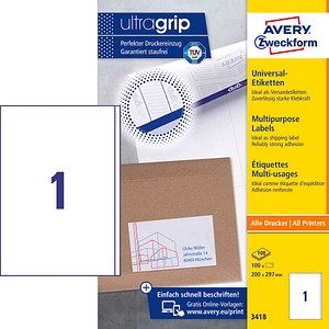 100 AVERY Zweckform Etiketten 3418 weiß 100 AVERY Zweckform Etiketten 3418 weiß