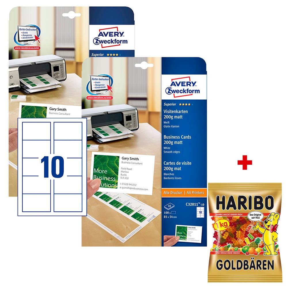 Aktion 0 Avery Zweckform Visitenkarten C311 10 Weiss Gratis Haribo Goldbaren 1 0 Kg Gunstig Online Kaufen Office Discount