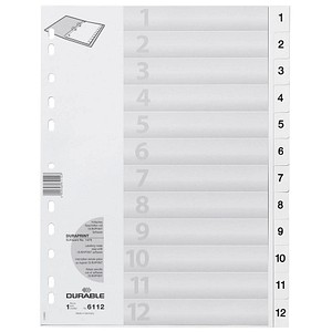 DURABLE Ordnerregister DIN A4 Vollformat 1-12 weiß 12-teilig DURABLE Ordnerregister DIN A4 Vollformat 1-12 weiß 12-teilig