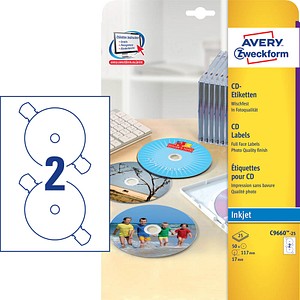 50 AVERY Zweckform CD-Etiketten C9660-25 weiß 50 AVERY Zweckform CD-Etiketten C9660-25 weiß