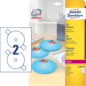50 AVERY Zweckform CD-Etiketten L7760-25 weiß 50 AVERY Zweckform CD-Etiketten L7760-25 weiß