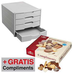 AKTION: office discount Schubladenbox lichtgrau, DIN C4 mit 4 Schubladen + GRATIS Lambertz Compliments Gebäck 500,0 g
