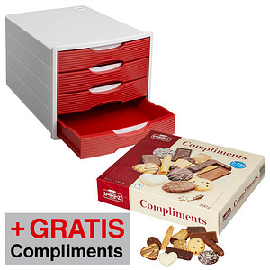 AKTION: office discount Schubladenbox rot, DIN C4 mit Schubladen + GRATIS Lambertz Compliments Gebäck 500,0 g