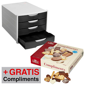 AKTION: office discount Schubladenbox schwarz, DIN C4 mit Schubladen + GRATIS Lambertz Compliments Gebäck 500,0 g